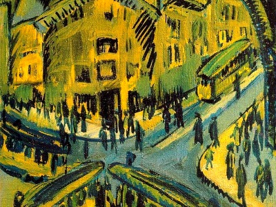 expressionist painting of buses and people at an intersection
