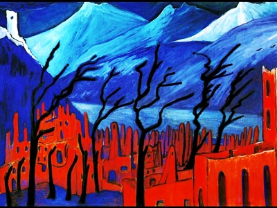 red city and blue mountains